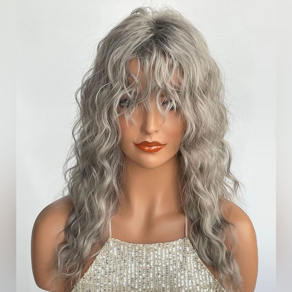 Human hair blend grey curly wavy wig with bang